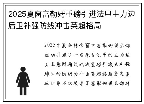 2025夏窗富勒姆重磅引进法甲主力边后卫补强防线冲击英超格局